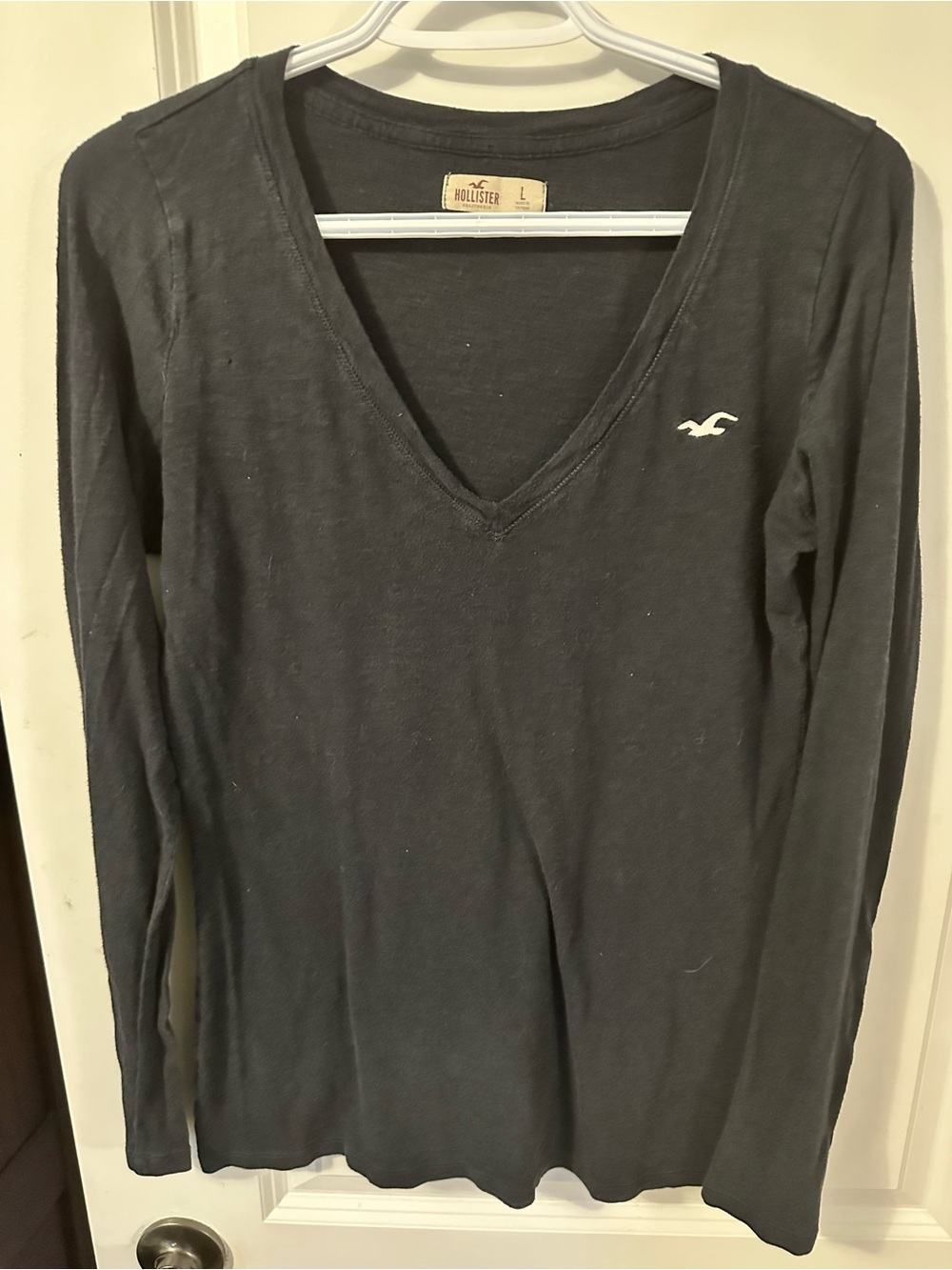Hollister Black V-Neck Long Sleeve Top with White Logo